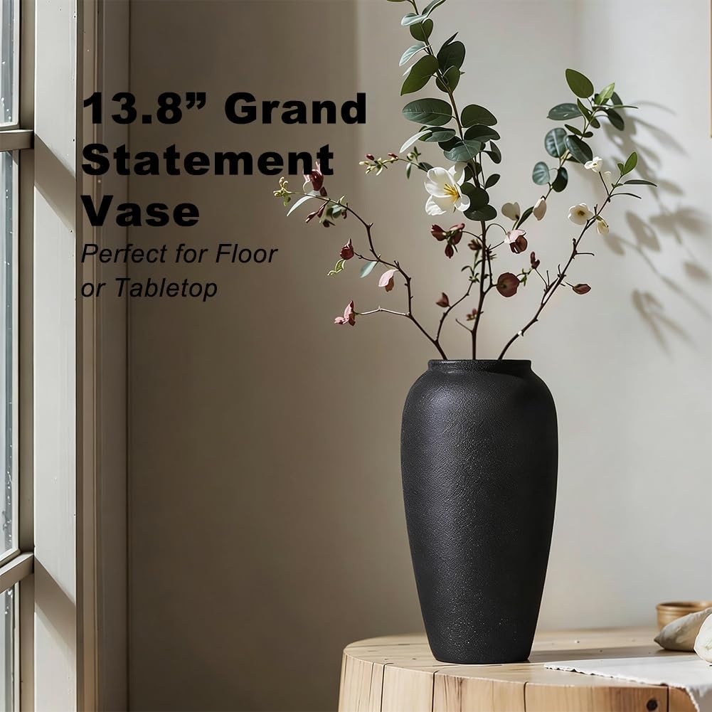 13.8 Inch Tall Matte Black Ceramic Vase, Modern Rustic Decorative Vase for Flowers, Pampas Grass or Greenery, Large Tabletop Accent for Entryway, Living Room, Mantel