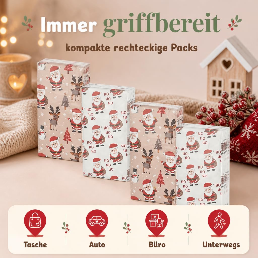 MIJOMA Set di fazzoletti di carta Ho Ho Ho Ho, 3 veli, 36 confezioni, stampati bianchi, pensierini di Natale, regali di Babbo Natale, desideri di guarigione, pratici e morbidi