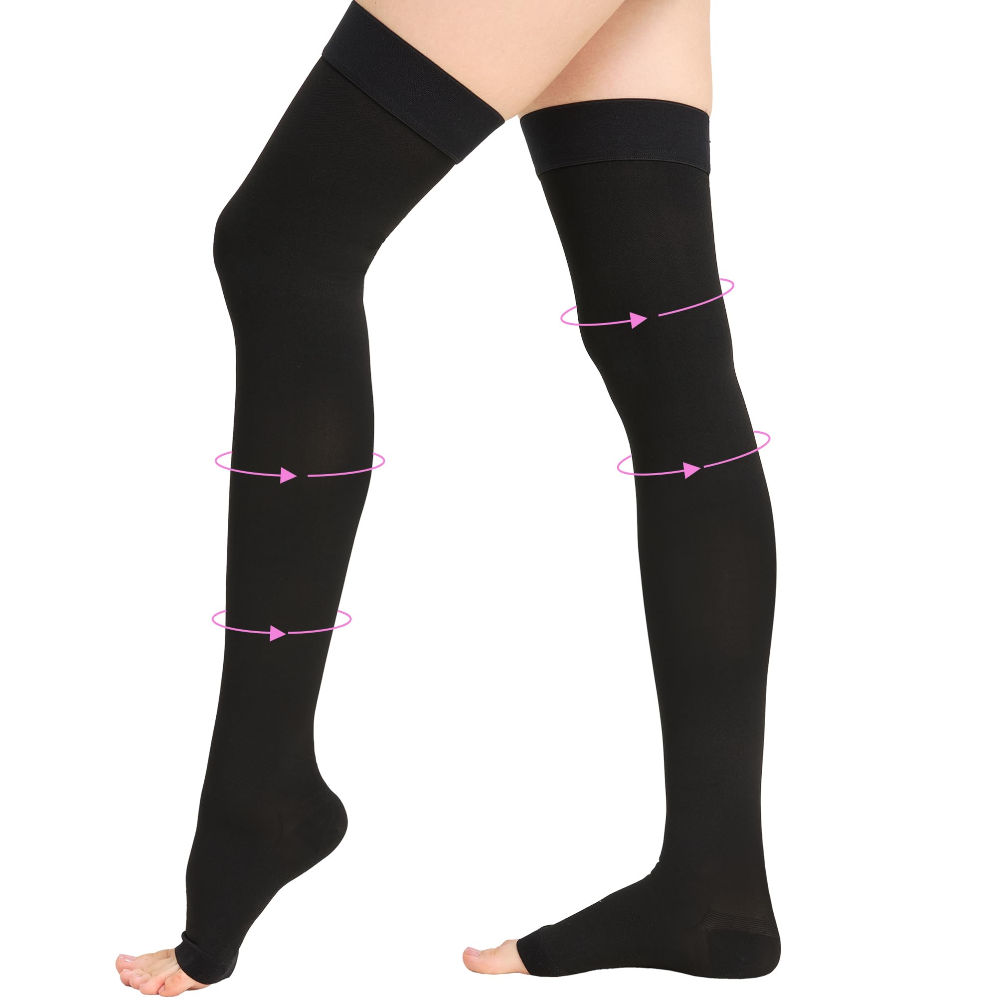 Photo 1 of 20-30 mmHg Thigh High Compression Stockings for Women, Open Toe with Stay-Up Dot-Top - Relief for Varicose Veins, DVT, Swelling, Pregnancy & Travel, Black, Large