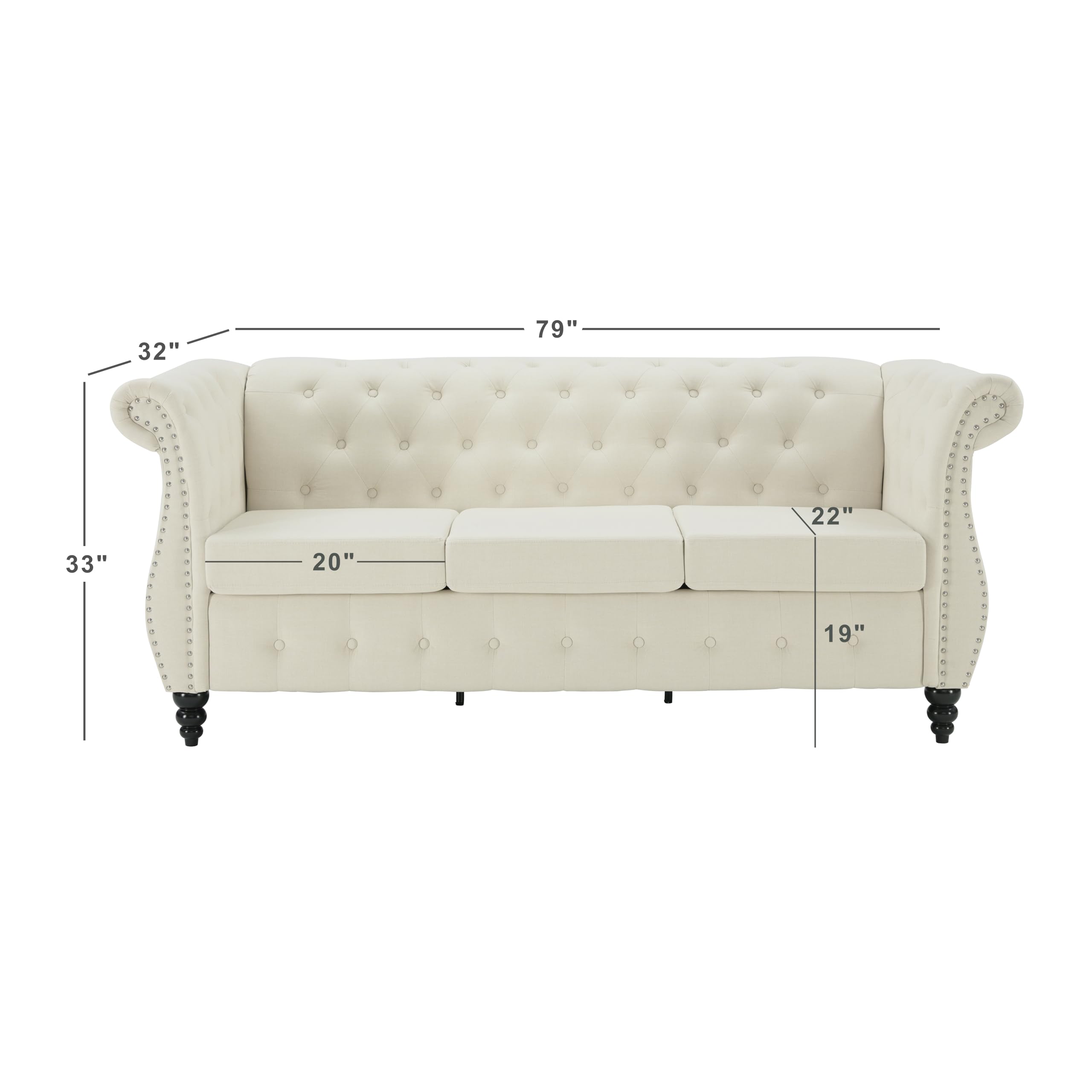 Tbfit Chesterfield Sofa with Rolled Arms, Classic Button Tufted 3 ...