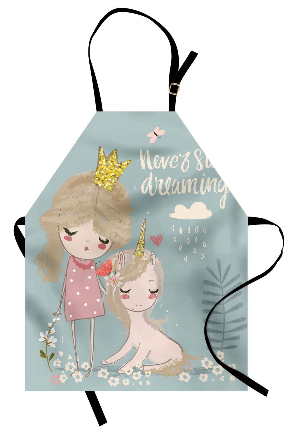 ABAKUHAUS Frase Delantal de Cocina, Composición Artística con Pequeña Princesa Niña Unicornio Frase Nunca Dejes de Soñar, No Se Ensucian Fácilmente Moderna Tecnología de Estampado, Multicolor