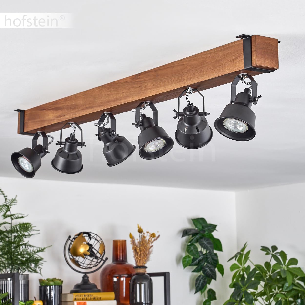 HOFSTEIN Plafoniera Safari, moderna lampada da soffitto in metallo/legno, colore nero/marrone scuro, plafoniera dal design industriale con schermi regolabili, 6 luci, 6 lampadine GU10 senza lampadina
