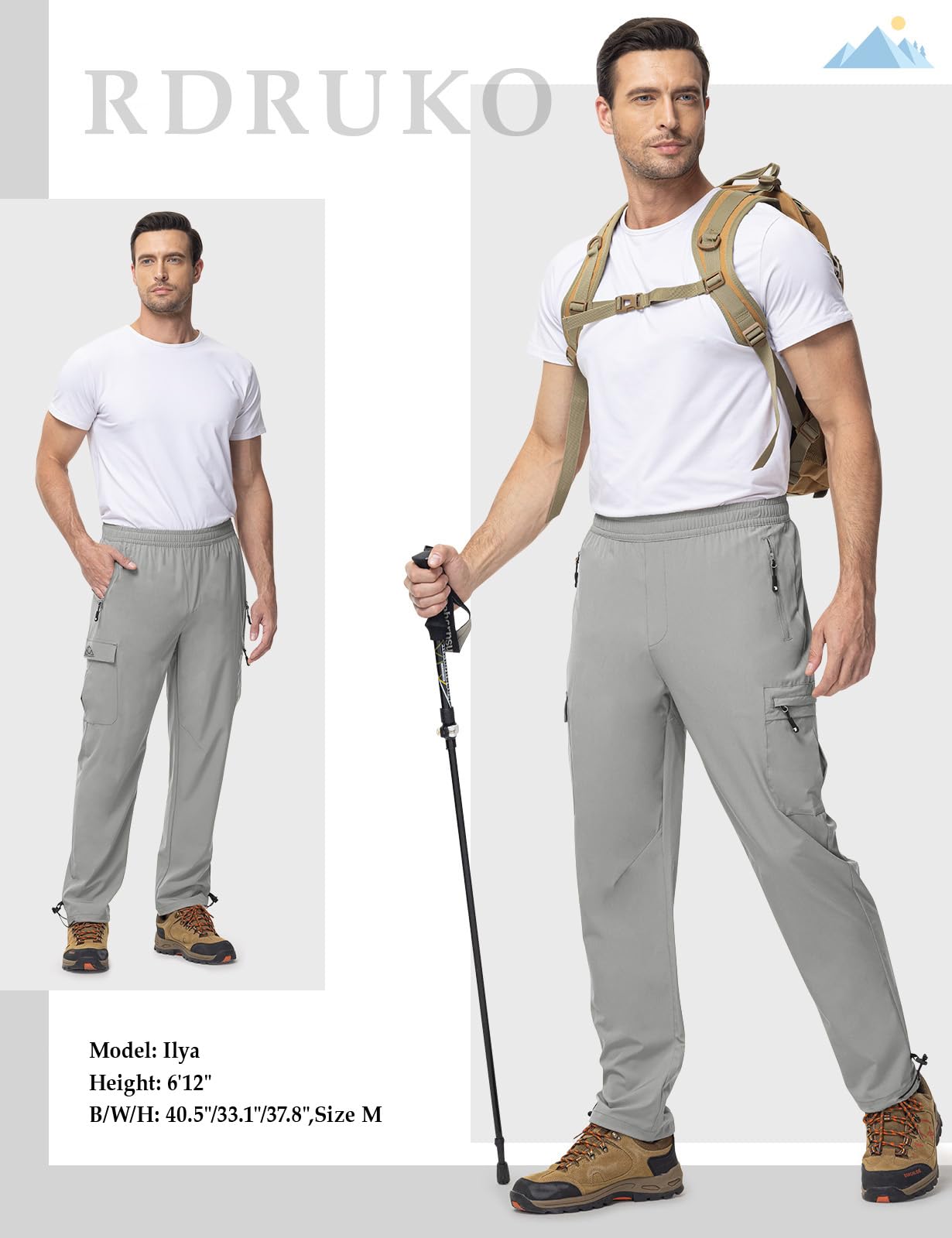 Rdruko Men's Lightweight Outdoor Trousers Elastic Waist Quick Dry Water Repellent Stretchy Cargo Pants for Hiking Traveling Walking Work Camping Golf