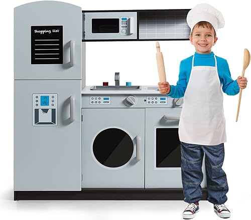 MAT EXPERT Juego de cocina para niños, cocina de juguete de chef de madera con sonido, fregadero, lavadora, armario de almacenamiento, microondas,