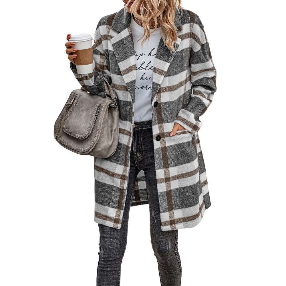 YYW Women's Plaid Jacket Casual Shirt Coats Long Sleeve Button Lapel Midi Shacket Jacket Loose Elegant Coat With Pockets
