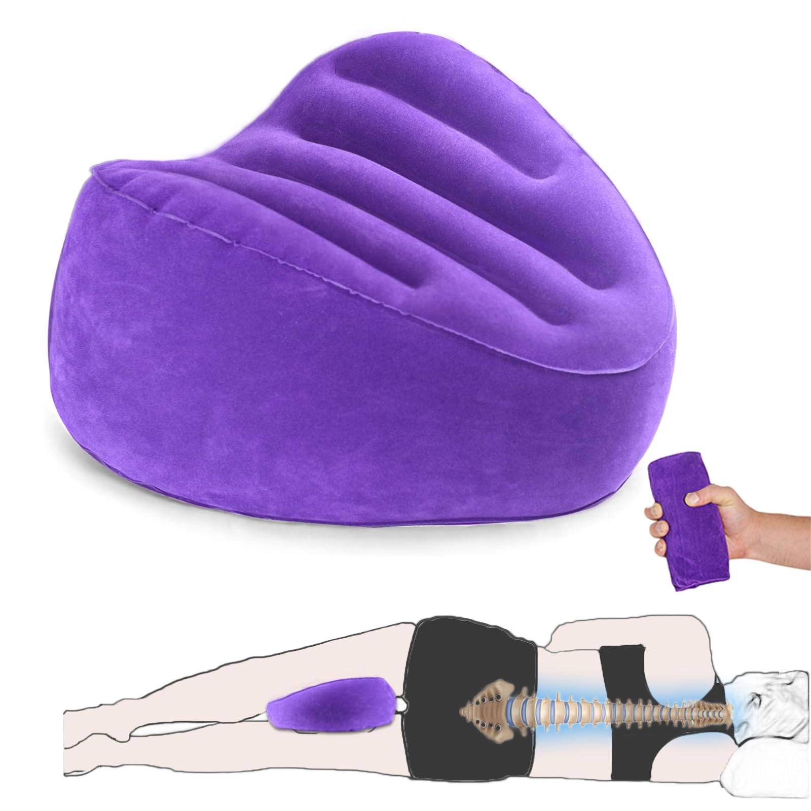 Knee Pillow for Side Sleepers, Leg Pillow for Side Sleeping Velvet Soft Fabric, Inflatable Travel Pillow for Thigh Sleep Support, Side Sleeper Pillow Between Legs for Hip Sciatica Back Pain Relief
