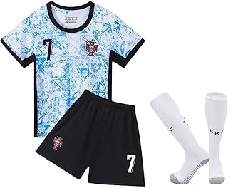 YEESON Youth Kid Soccer Jersey #7, Kids Soccer Jersey Away Portugal Blue Top + Shorts + Socks Kit