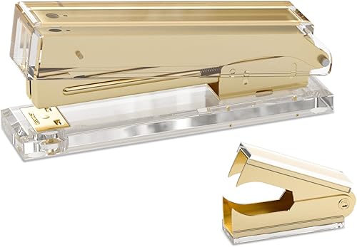 Grapadora acrílica con espejo dorado con capacidad para 25 hojas y capacidad para 100 grapas, juego de grapadora dorada y removedor de grapas,