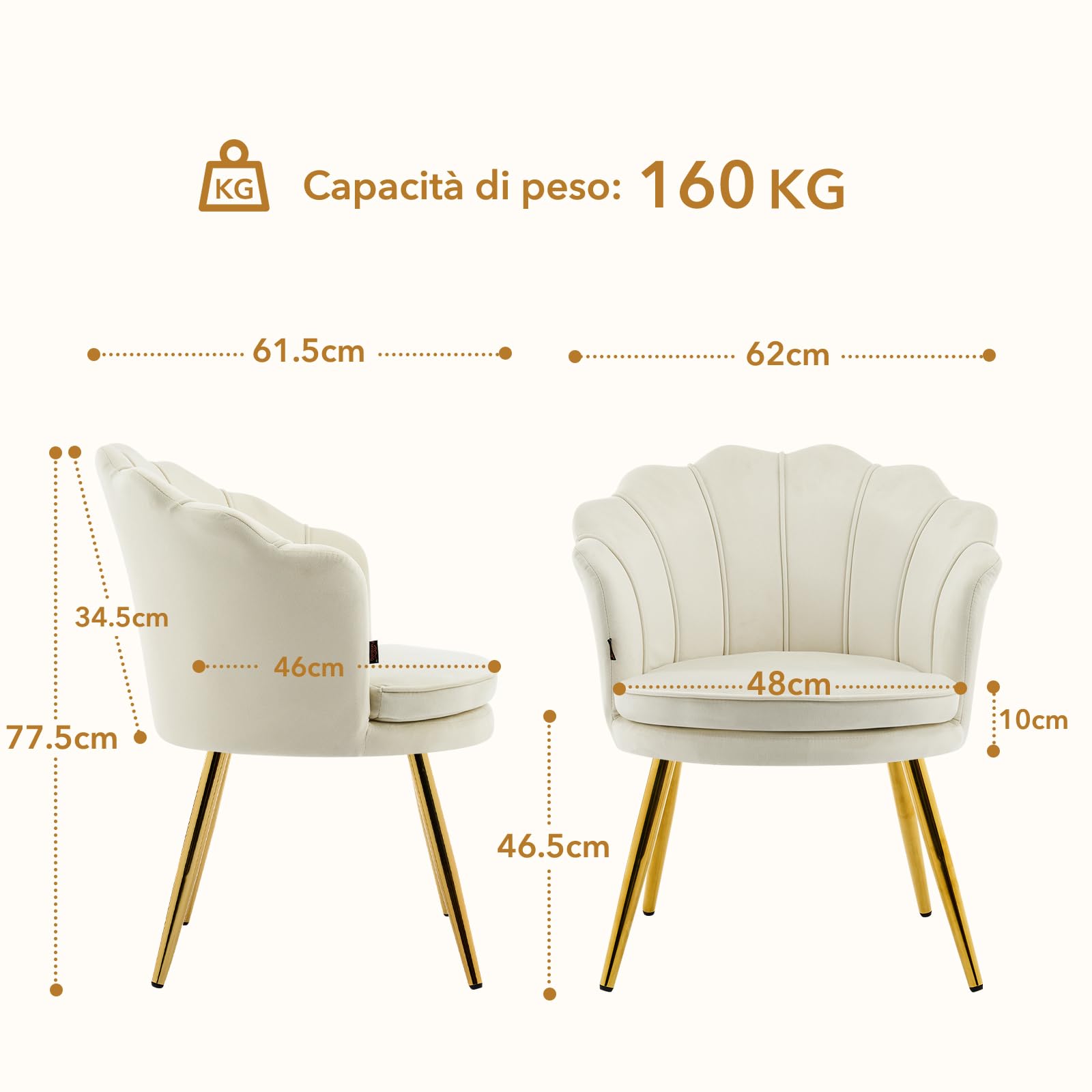 Poltrona Conchiglia Camera da Letto, Poltrona da Salotto in Velluto, Poltroncina Imbottita con Gambe in Oro per Soggiorno Camera da Letto Sale da Pranzo, Beige