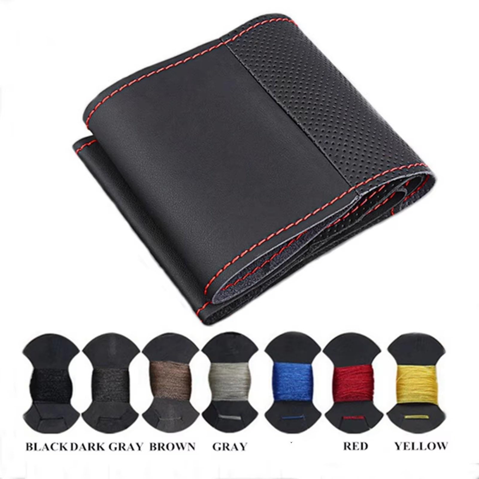 Funda Volante Cuero para Peugeot 308 2014 2015 2016 2017 2018 2019 Funda Volante Coche Cuero Artificial Negro Antideslizante Cosida Mano Funda Volante(Black Thread)