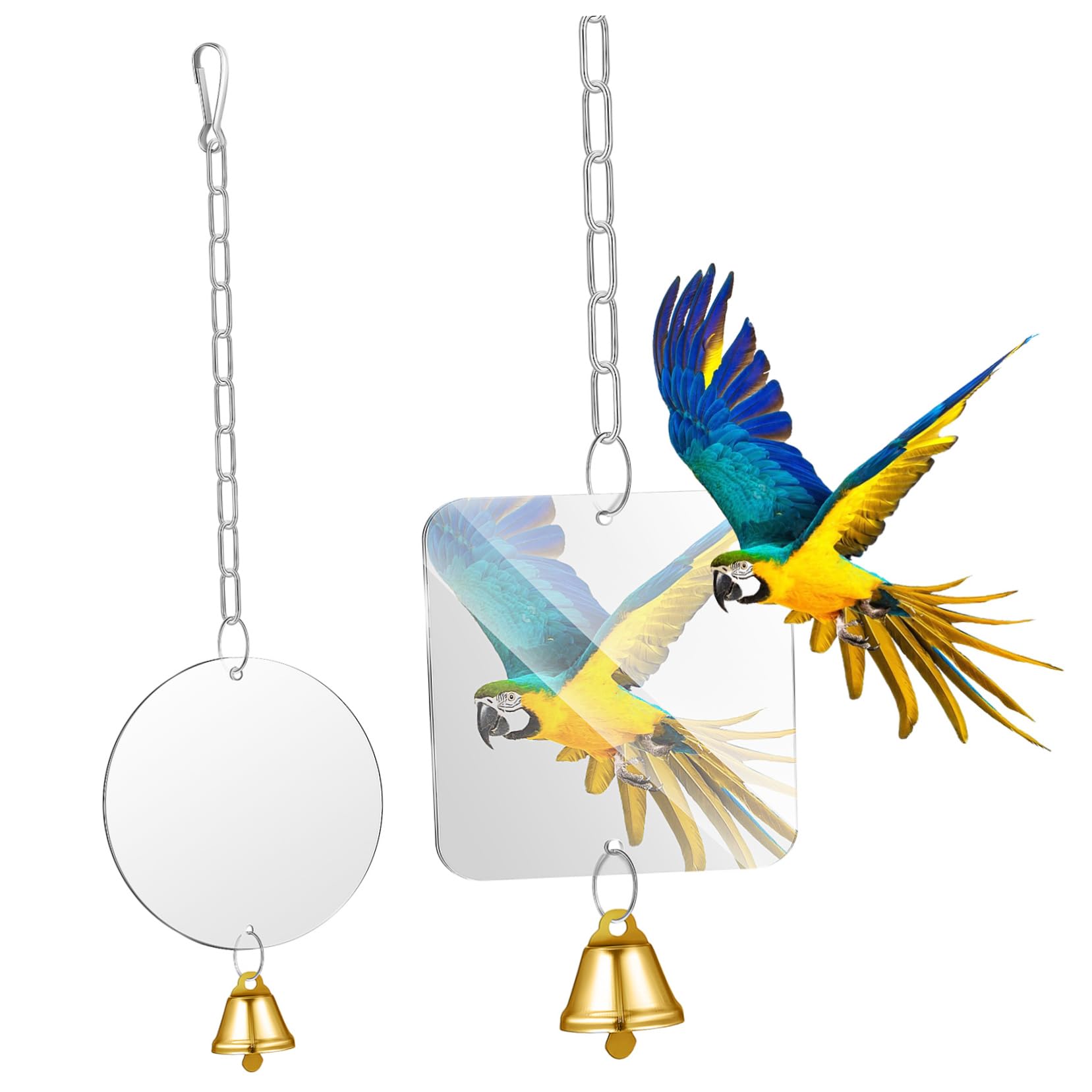 Happyyami Bird Mirror with Bell Hanging Toy for Parrot Cage Stainless Steel Chain Included Suitable for Budgies Cockatiels Conures and Small Birds