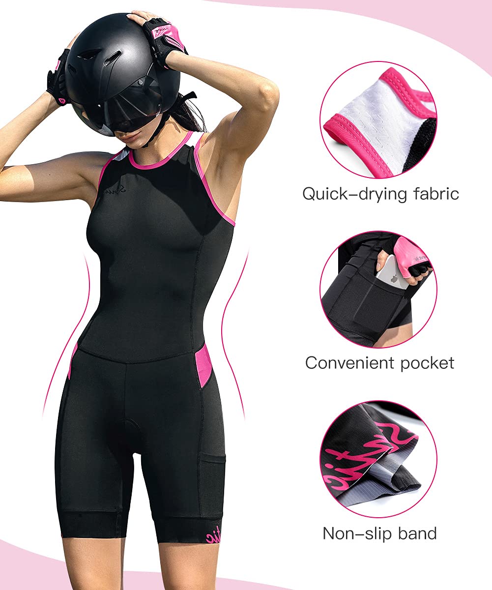 Combinaison de triathlon une pièce sans manches pour femme - Rembourrée - Séchage rapide - Pour la course à pied, la natation, le cyclisme, Noir/rosé, X-Small