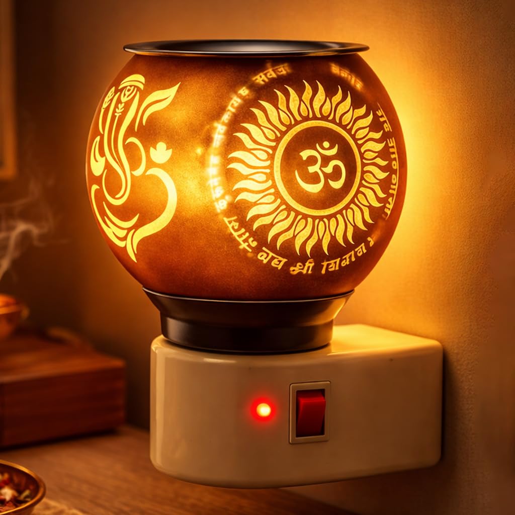 PANCA Glass Kapoor Dani Electric Camphor Diffuser with Ganesh Ji Om Design | Aroma Dhoop & Incense Burner | Electrical Night Lamp for Home, Office & Pooja Room