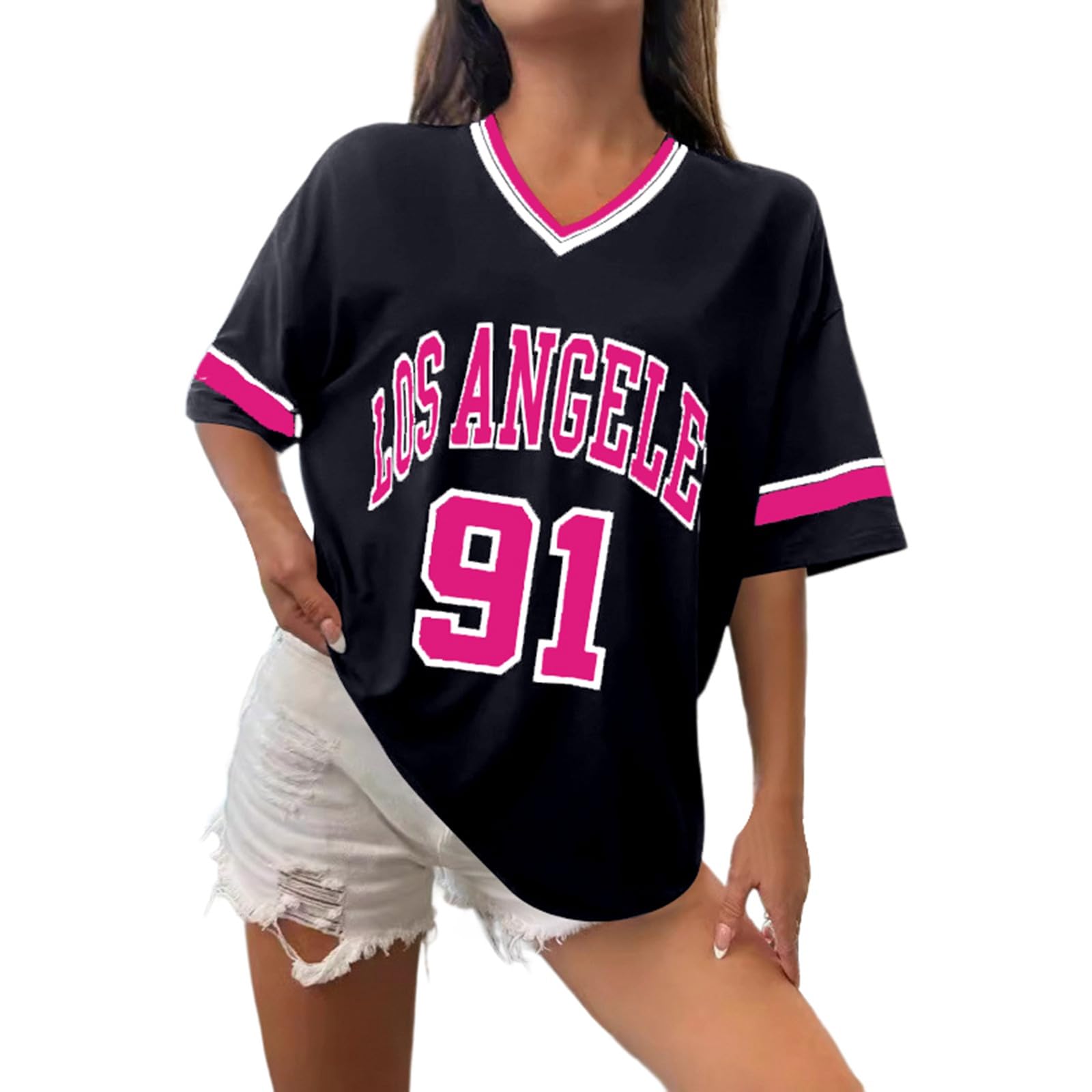 Women's Los Angeles Shirt Baseball Jerseys Oversized Y2k Number Shirts Graphic Striped Trim Casual Shirt V Neck Streetwear Striped Graphic Tee Casual Top Summer Sports Shirt, O Hot Pink1, 5XL