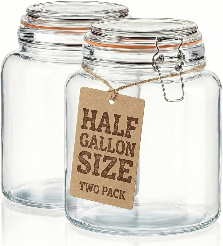 kitchentoolz Half Gallon Glass Large Mason Jars with Airtight Lid - 64oz Wide Mouth Flour & Sugar Container. Also for Sourdough, Pasta, Pickles, Cookies- Flip Top Hinged Closure - 2 Pack
