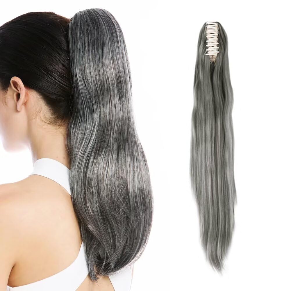 LaLuLoLi Long Thick Claw Jaw Ponytail 150g Straight Synthetic Fashion Grey Color Clip in Pony Tail Hair Extension Extensions Ponytail with Big Claw (24 inches-straight