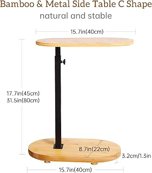 C Shaped Side Table Height Adjustable Sofa Table Over Bed Table Bamboo & Metal Under Sofa Table for Living Room Bathroom Couch Bedroom