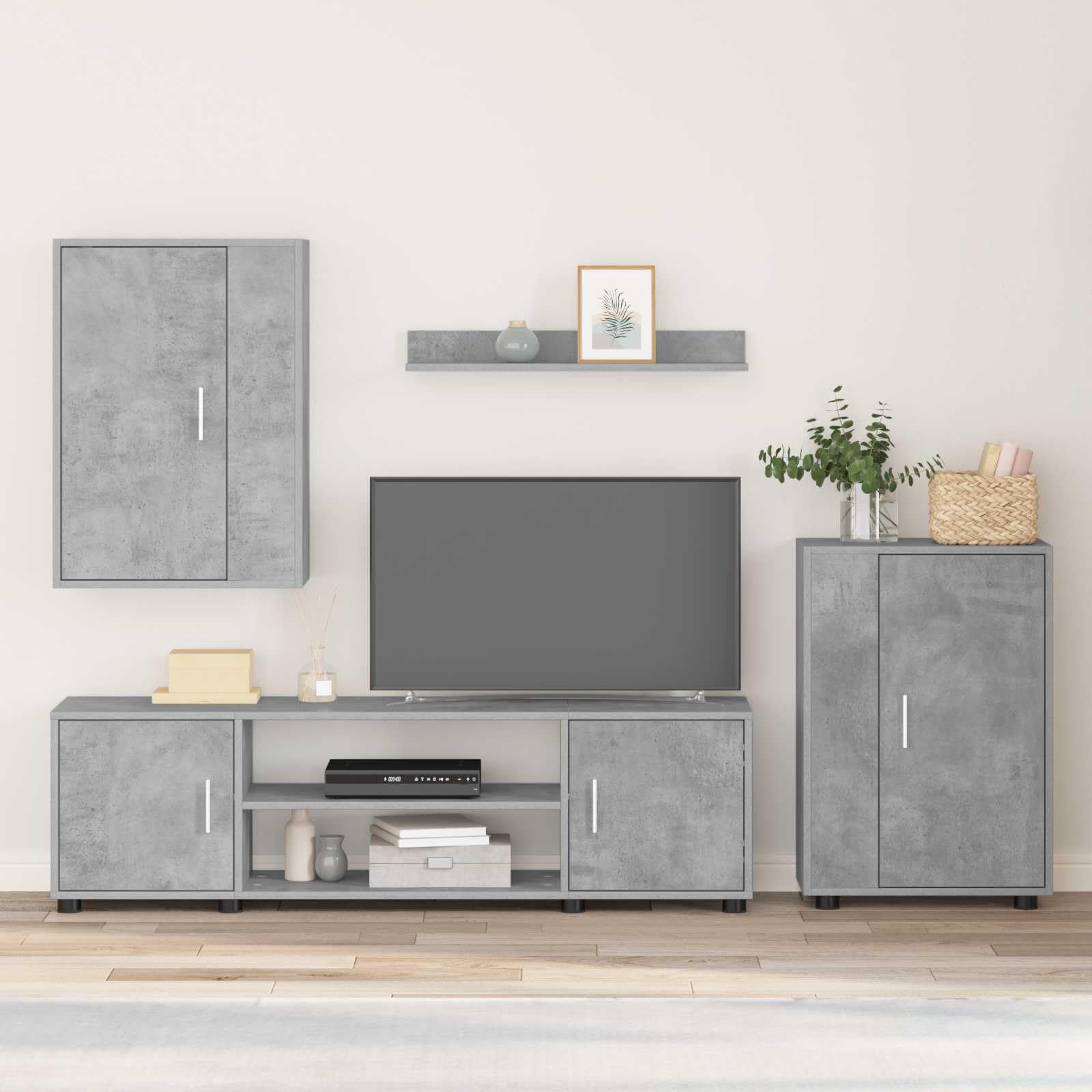 vidaXL Set mobile TV 4 pcs Grigio cemento Legno multistrato, Soggiorno, mobile moderno, armadio a parete, supporto TV, mensole modulari, arredo elegante per interni pratici