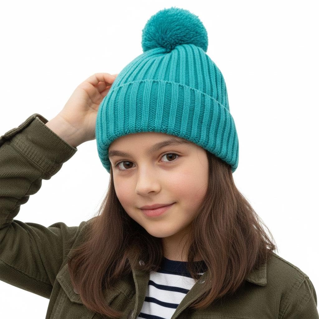 A2Z 4 Kids Girls Boys Hats Ribbed Knitted Bobble Pom Pom Beanie - Hat KH1030 Green 3-6
