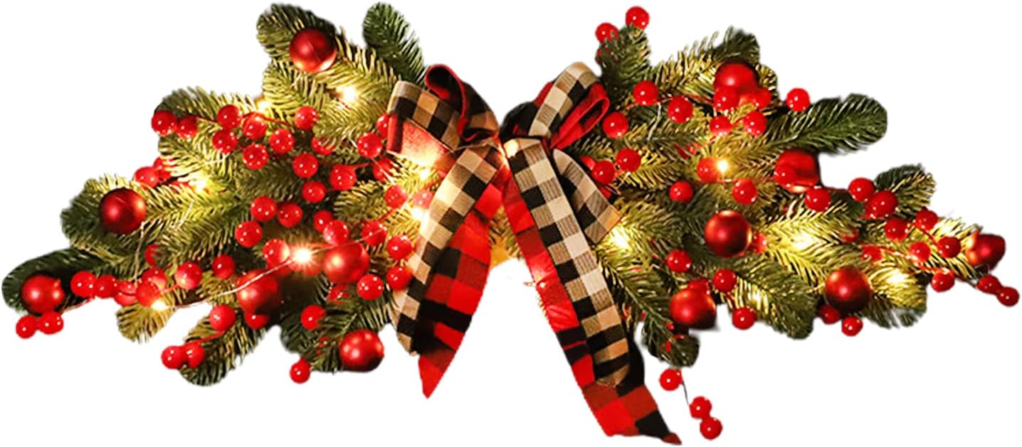 Artificial Christmas Swag Wreaths,27.6 Inch Christmas Pine Needles Door Swag with Plaid Ribbon Bow and Red Berries Greenery Xmas Mailbox Swag for Front Door Window Mantels Wall Home Decor(with Light)