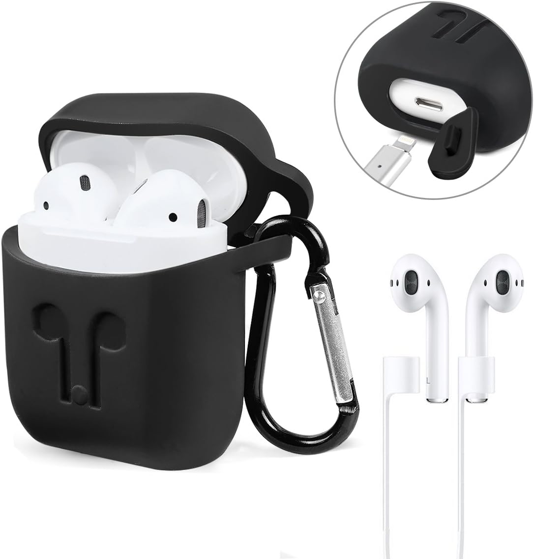Airpods Case Airpods Accessories With Anti-lost Strap Keychain Waterproof Silicone Protective Cover for Apple Airpods -（Black）
