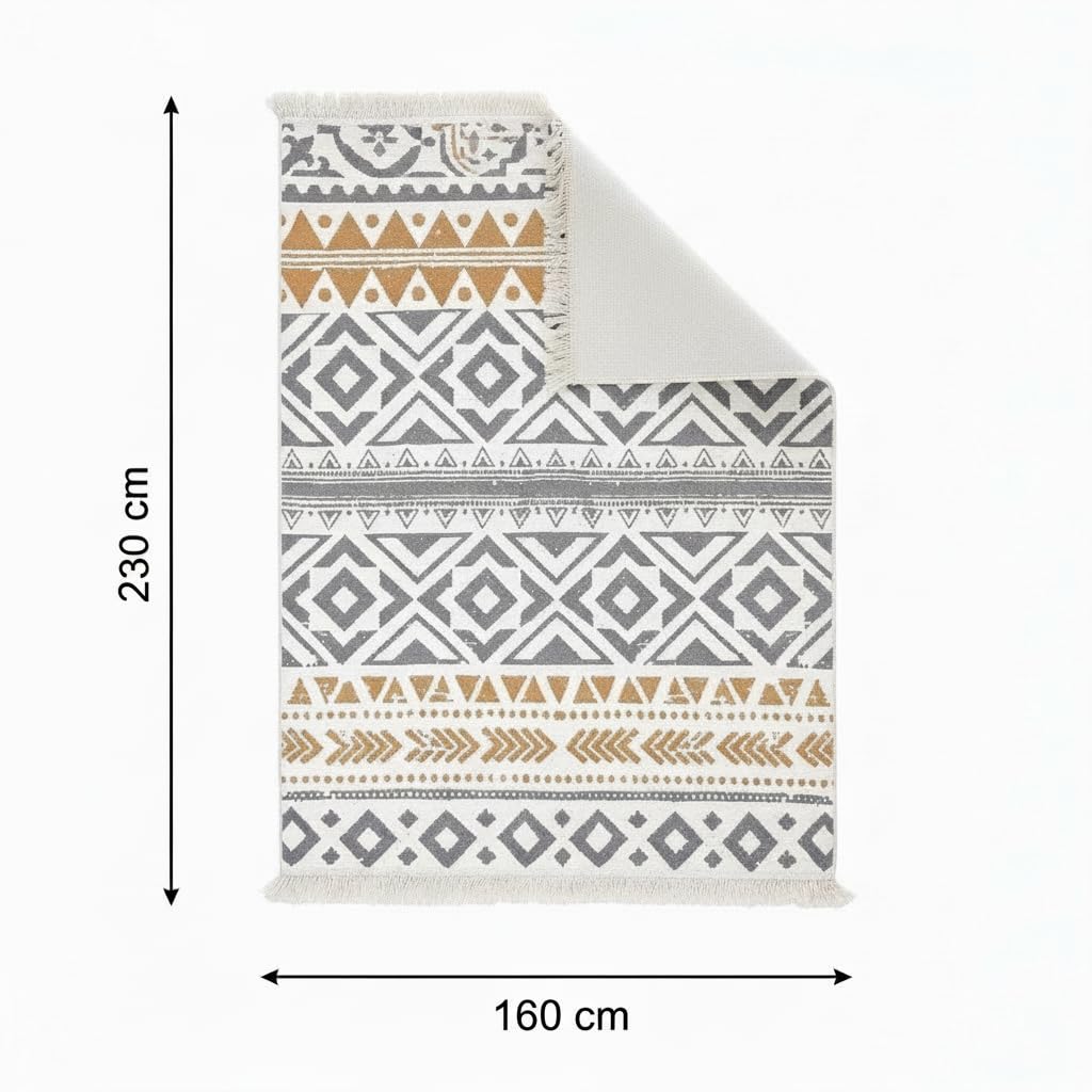 Fashion4Home Tappeto a pelo corto, boho Kelim, per soggiorno, camera da letto e cucina, per corridoio, cameretta dei bambini, in ceramica, grigio chiaro, oro, 160 x 230 cm