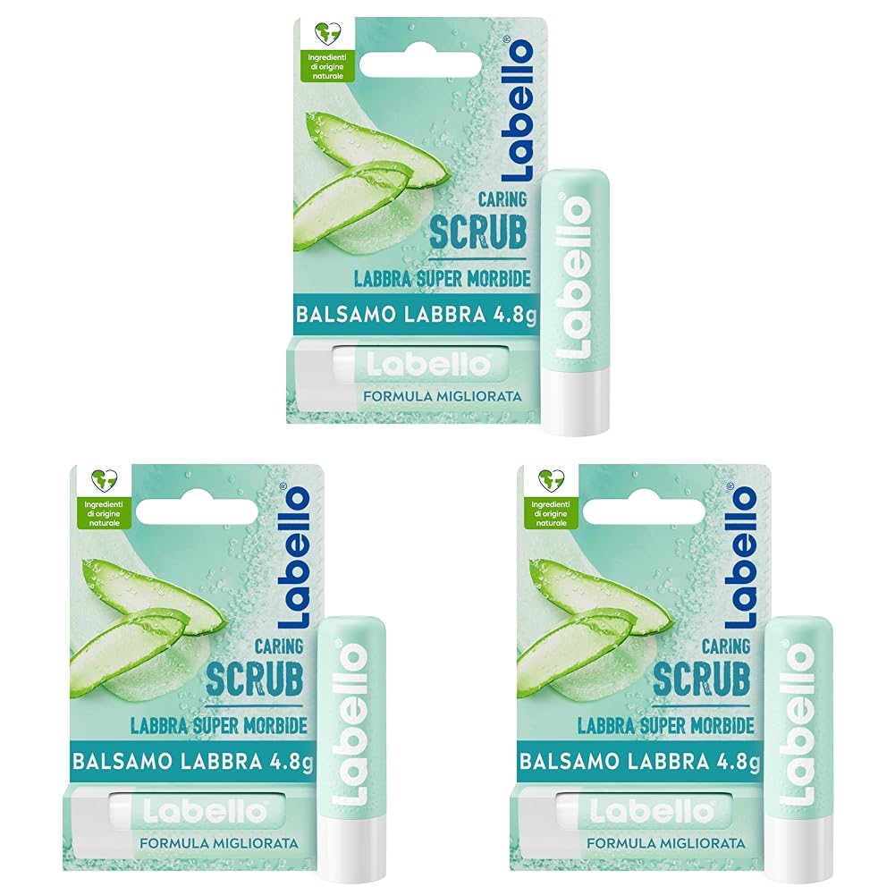 Labello Scrub Idratante Aloe Vera 4.8 g, Scrub Labbra con particelle esfolianti, aloe vera bio e vitamina E, Scrub labbra esfoliante senza oli minerali e microplastiche (Confezione da 3)