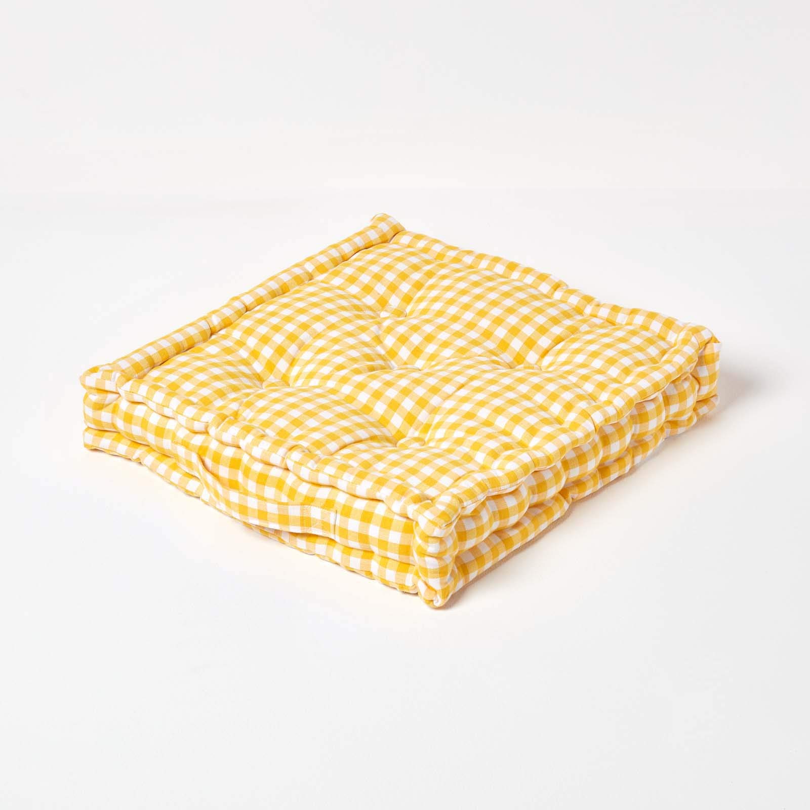 Homescapes Yellow 100% Cotton Gingham Floor Cushion, 50 X 50 X 10 Cm, Block Check, Oeko-Tex Certified, Handcrafted, 20 X 20 X 4"