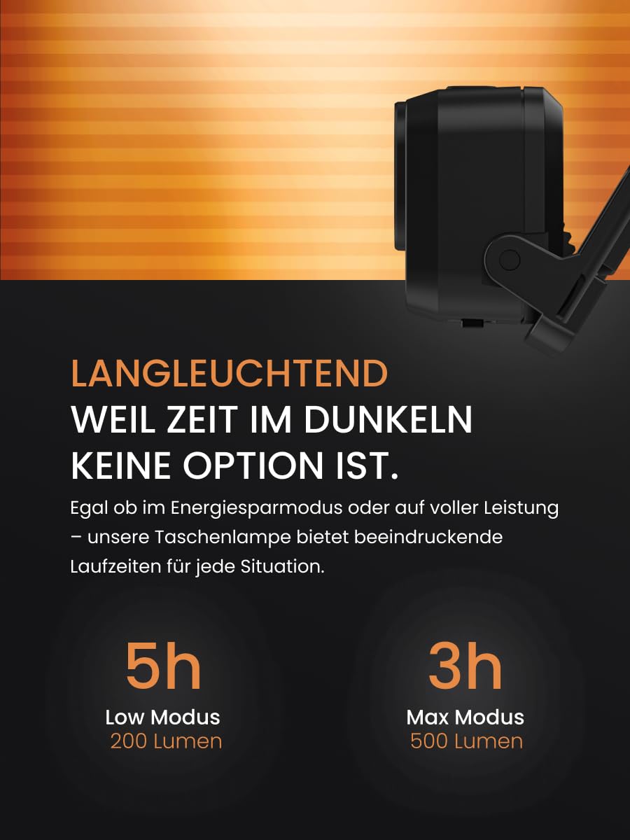 Duracell Lampe frontale LED DH500R Core – 500 lumens, focalisable, portée de 40 m, fonction lumière rouge, rechargeable USB-C, batterie au lithium, différents modes d'éclairage, ergonomique