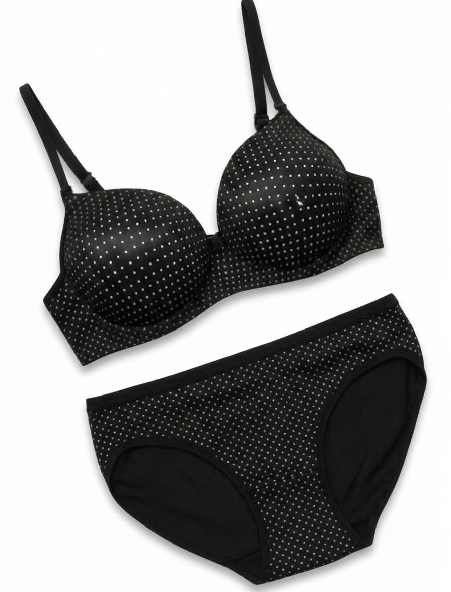 Women's Polka Dots Print Lycra Spandex Wire-Free Soft Padded t-Shirt Bra and Panty Set,Bridal Girl & Women Lingerie Combo,Bra and Hipster Panty Set for Honeymoon Color-Black.-image-30