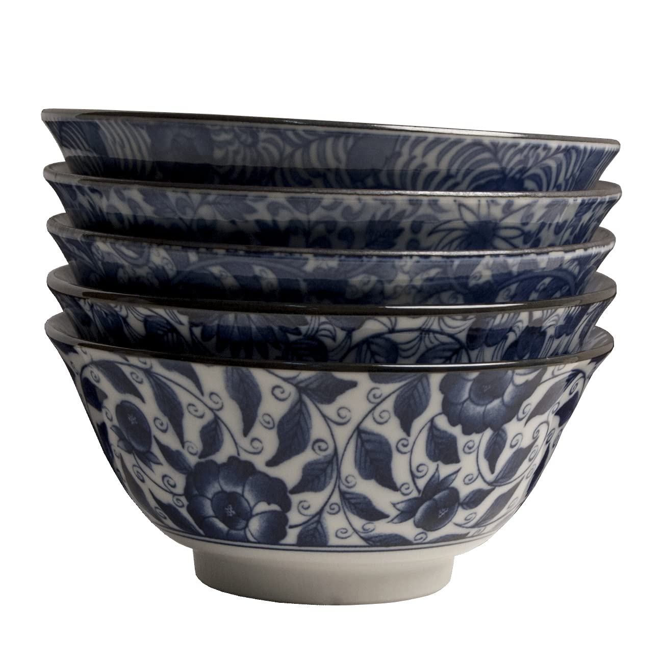 Matcha - Reisschalen 5-er Set Japan Porzellan blau weiss Blumen, Nr. 070