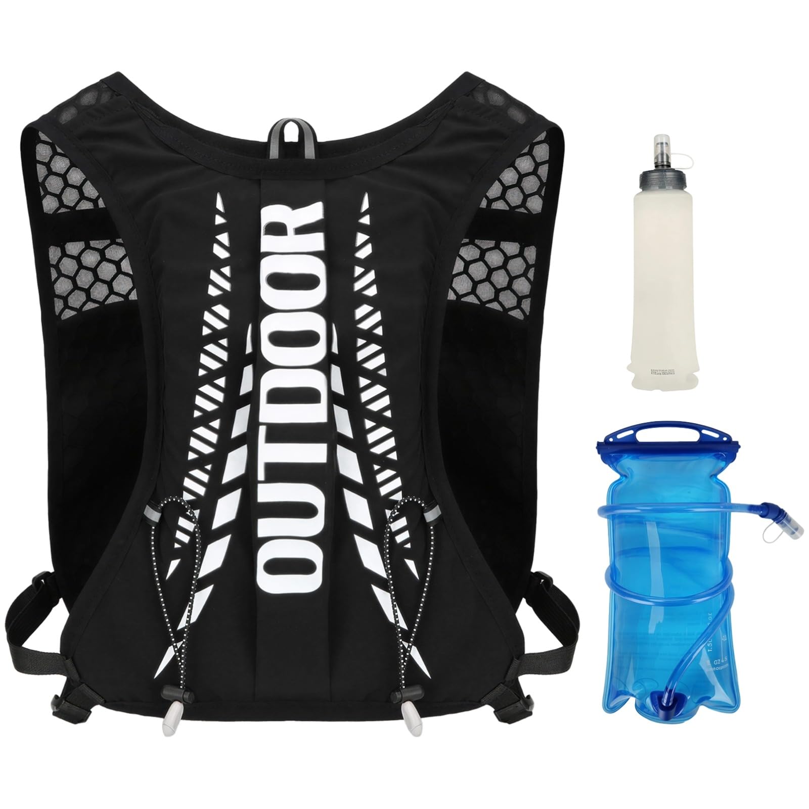 Gilet de Course léger avec Sac à Eau, Poche à Eau 1,5 L et Bouteille 17 oz et 50 ML incluses, Plusieurs Poches de Rangement, Sac à Dos de Sport pour Course Longue Distance, randonnée, vélo