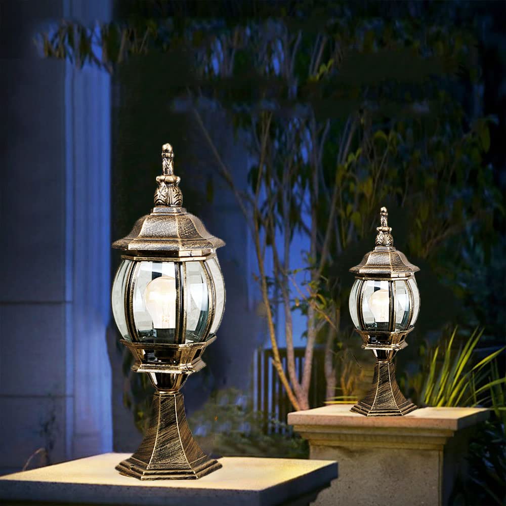 Lámpara de sobremuro de cristal de aluminio dorado antiguo E27 Farol de estilo rústico exterior Faros columna impermeable Iluminación Pilar Lámpara de pie para jardín patio terraza Césped Camino