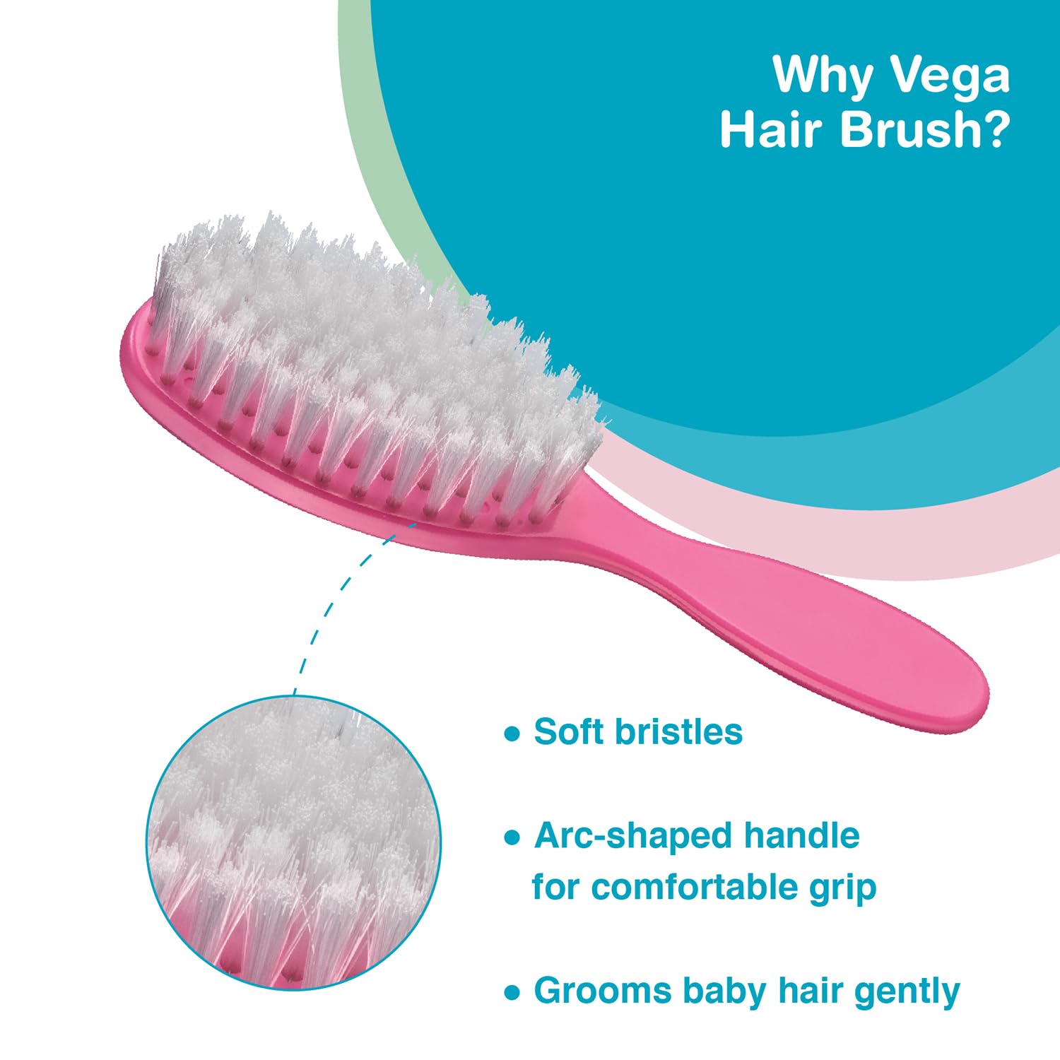 Vega Baby & Mom Comb & Brush Set - Pink | Crafted for Delicate Baby Scalp| Detangle Baby Hair Easily | Ultra Soft Nylon Bristle| Rount Tippped Tooth |Scalp Massage and Stimulation, (VBGA3-04) 3