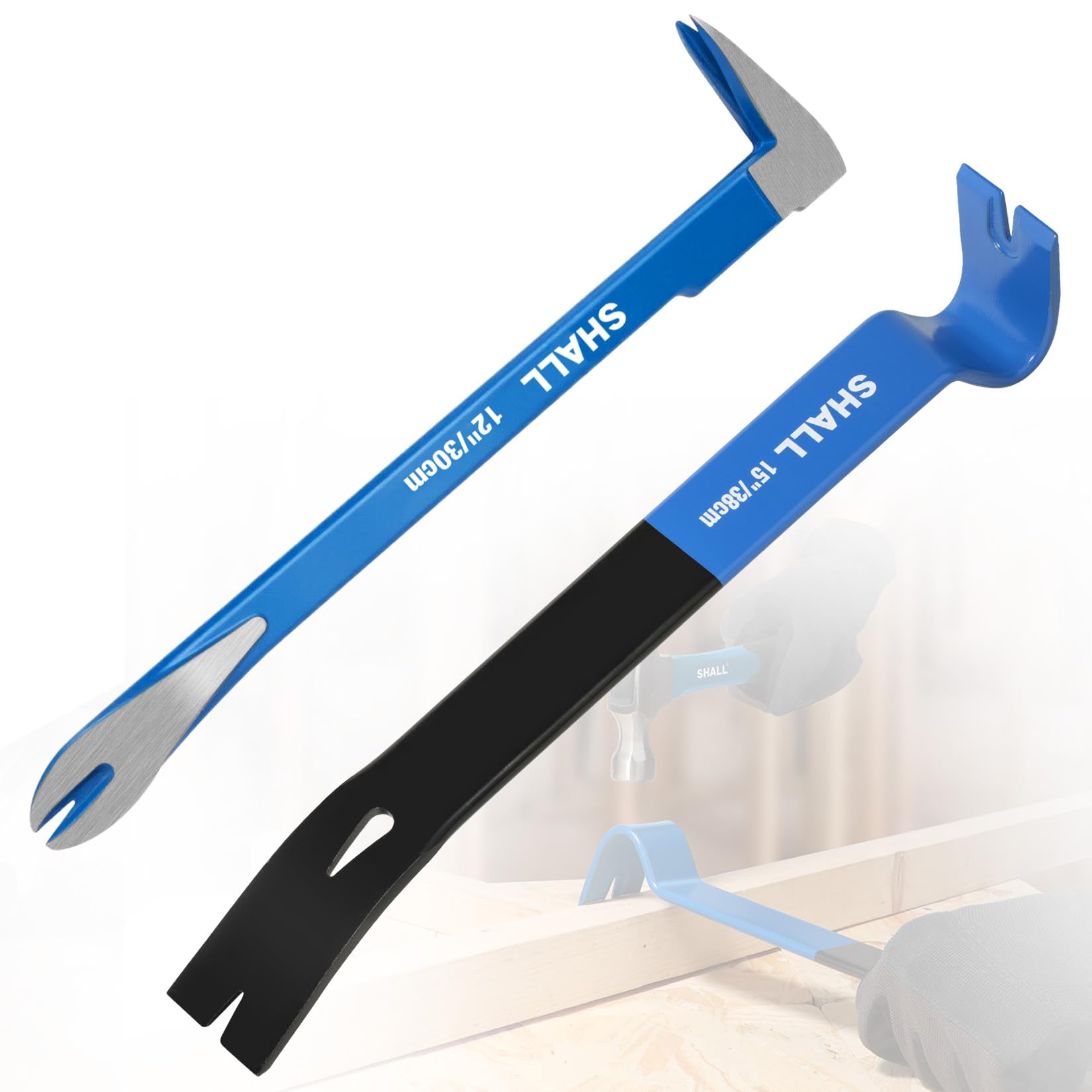 SHALL 2-Piece Pry Bar Set, 15-Inch Flat Pry Bar & 12-Inch Cats Paw Nail Puller, Heavy-Duty Crowbar, Utility Claw Bar, Wonder Bar for Home Remolding & Woodworking