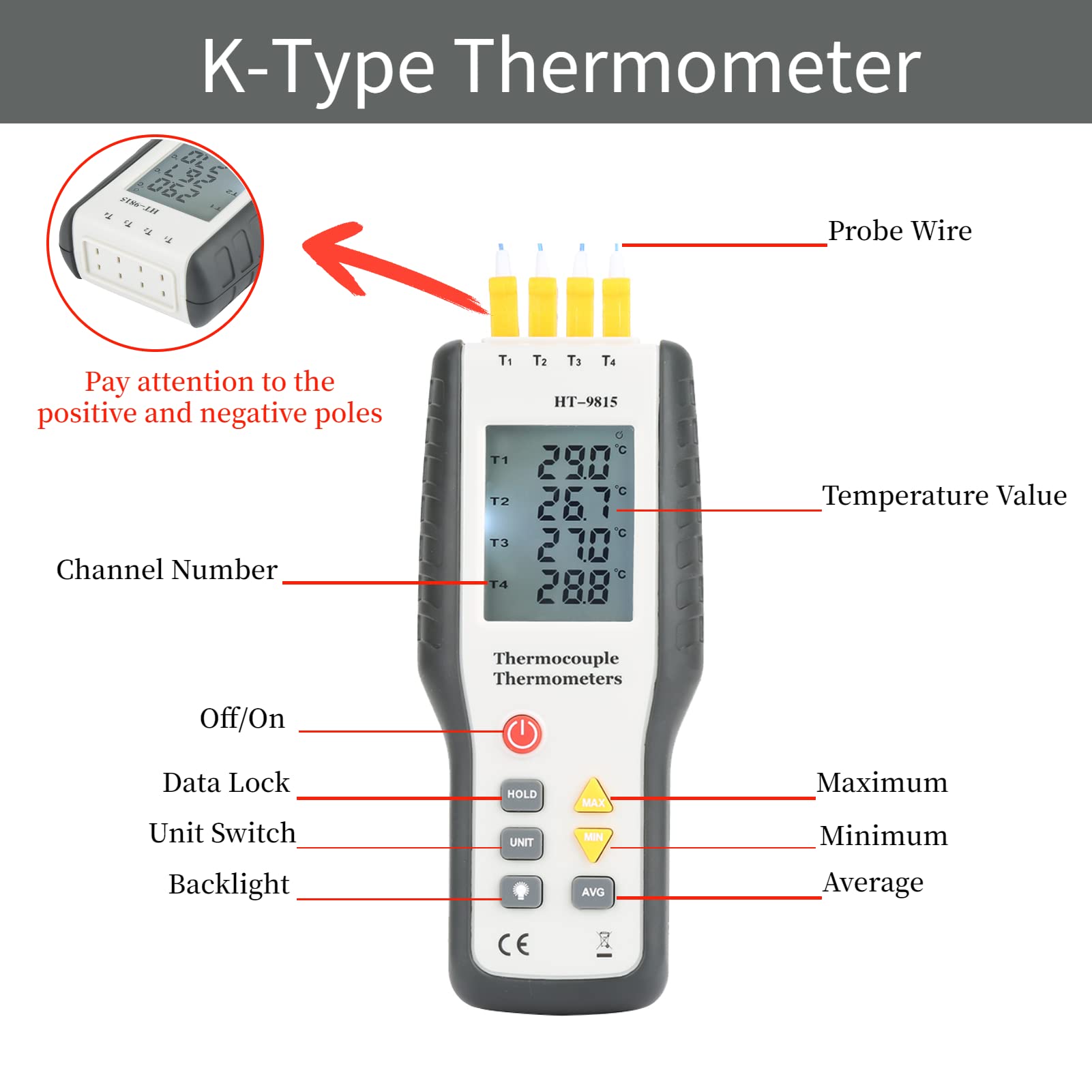 4-Kanaals Type Thermoelementen Met K-Type Digitale Thermometer Metaal & Bead Sonde Thermometer 4-Kanaals Type Thermoelementen Met K-Type Digitale Thermometer Metaal & Bead Sonde Thermometer