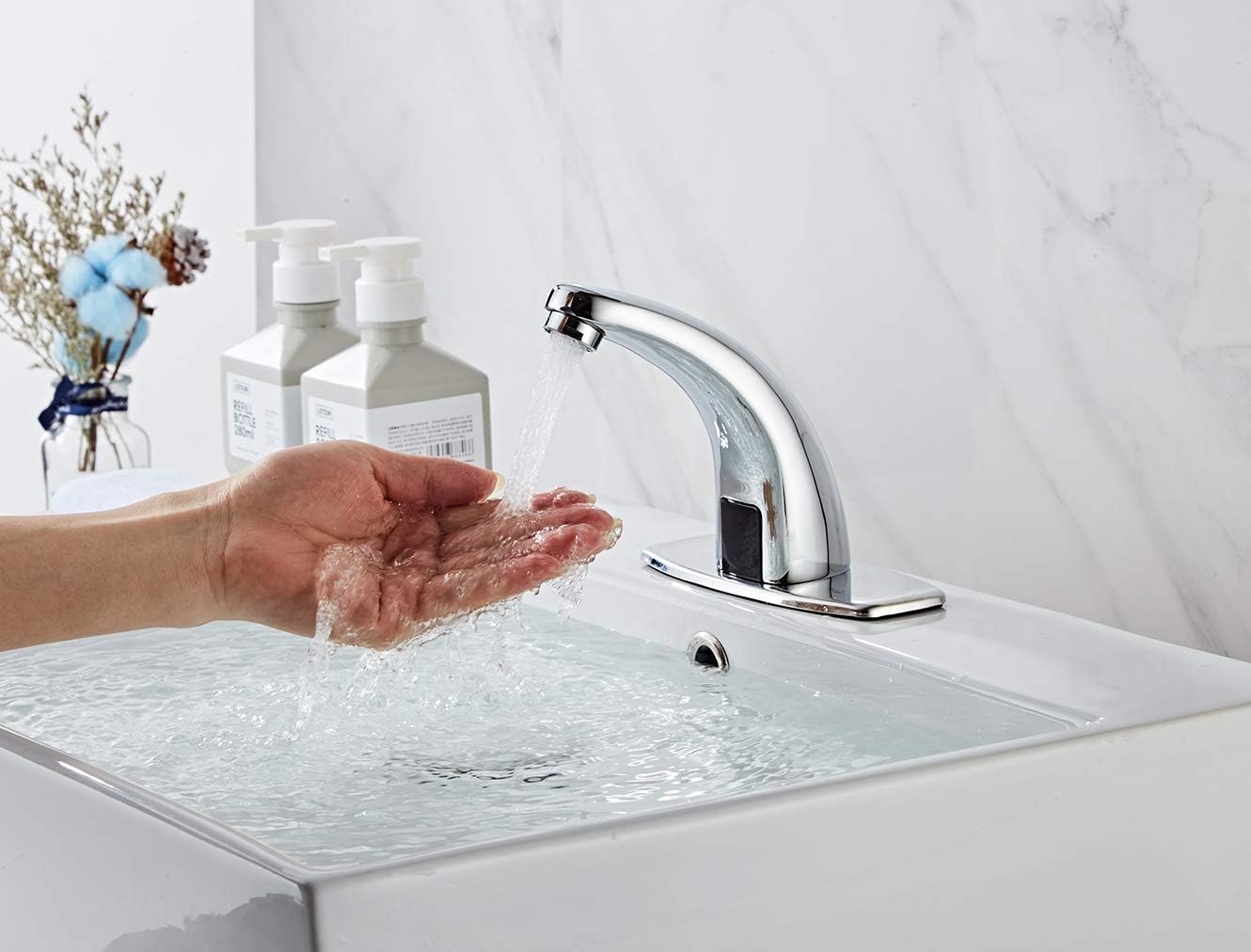 Bathroom Sink Faucet Touchless Temperature Automatic Sensor Commercial Deck Mount Solid Brass Motion Activated Bath Tub Lavatory Basin Vanity Aerator One Hole Brass Mixer Tap Touch-Free Chrome