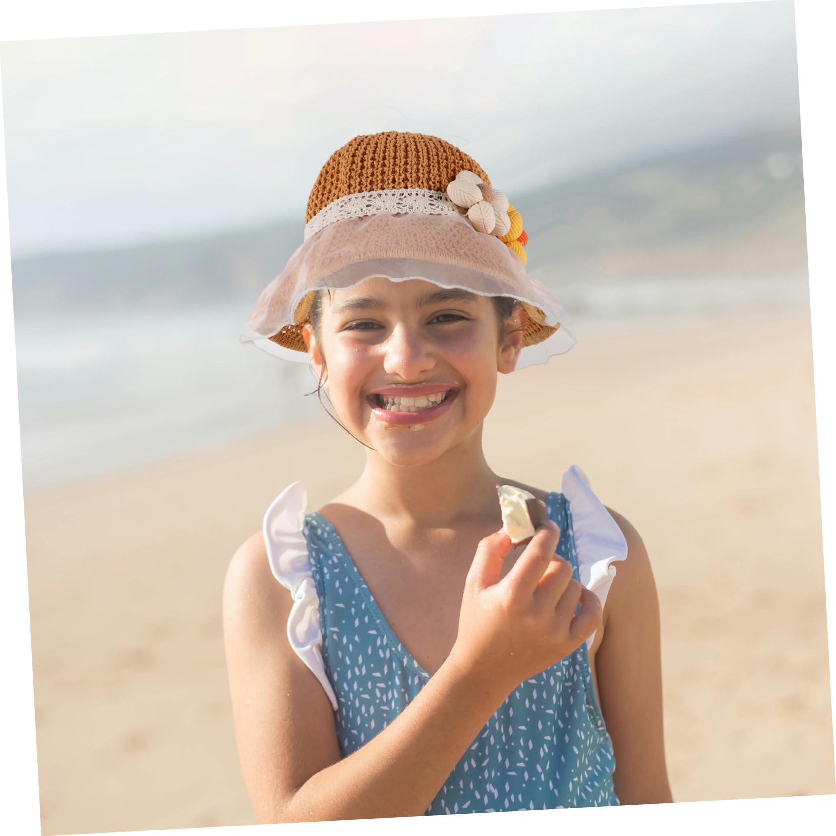 HHRFCS Sombrero de Sol para niño y niña, Sombrero de Playa de Paja para niño y niña, Actividades al Aire Libre de Verano, Flor de Encaje, Color Caqui