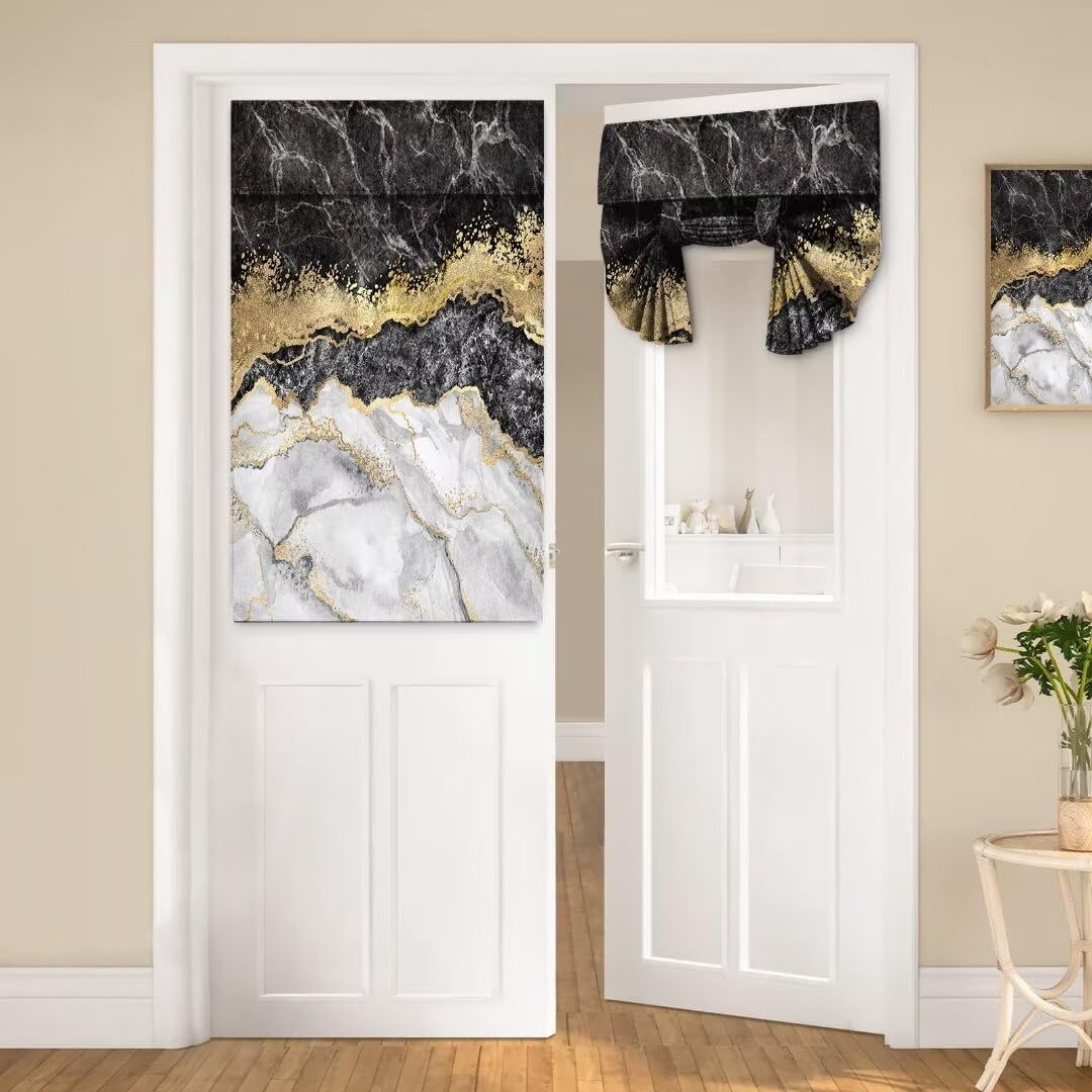 BenYaSong Black Gold Marble Door Curtain,Crack Ink Texture Luxury Abstract Decorative Thermal Insulated Tie Up Door Shades, Colorful Small Window