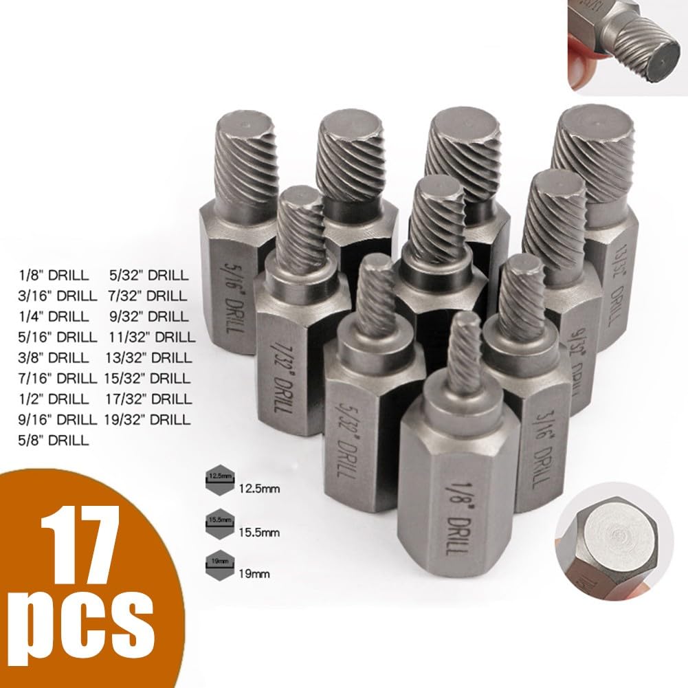 EasyByMall Juego de 17 extractores de tornillos, removedor de pernos rotos dañados con cabeza hexagonal, extractores de flauta en espiral de metal para reparación de automóviles, garaje, renovación