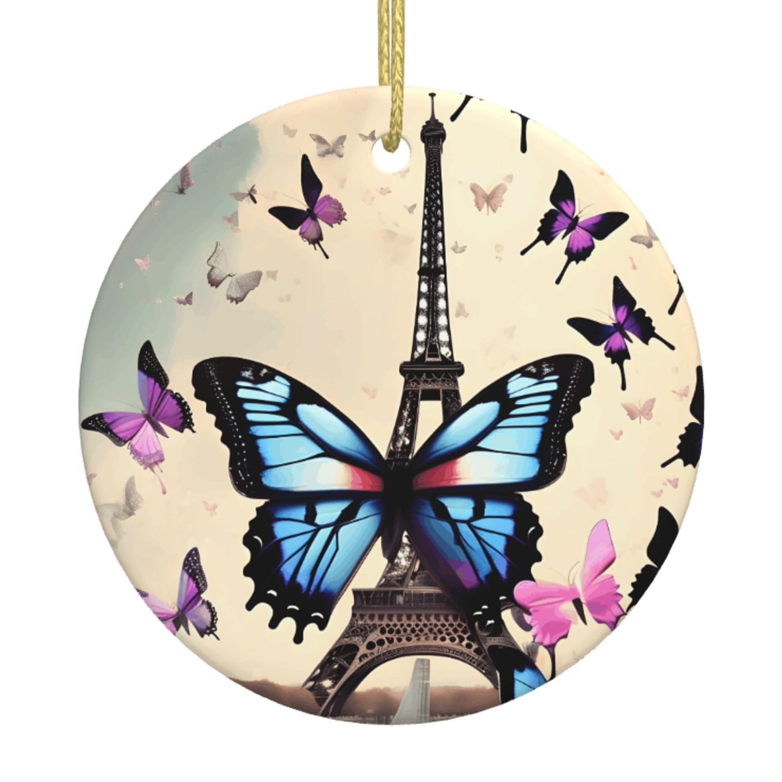Romantic Paris Eiffel Print Christmas Ornaments, Ceramic Hanging Ornament, Round Shape Decorations