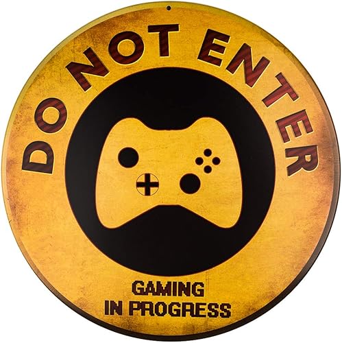 Letrero circular de metal con texto en inglés Do Not Enter Gaming in Progress