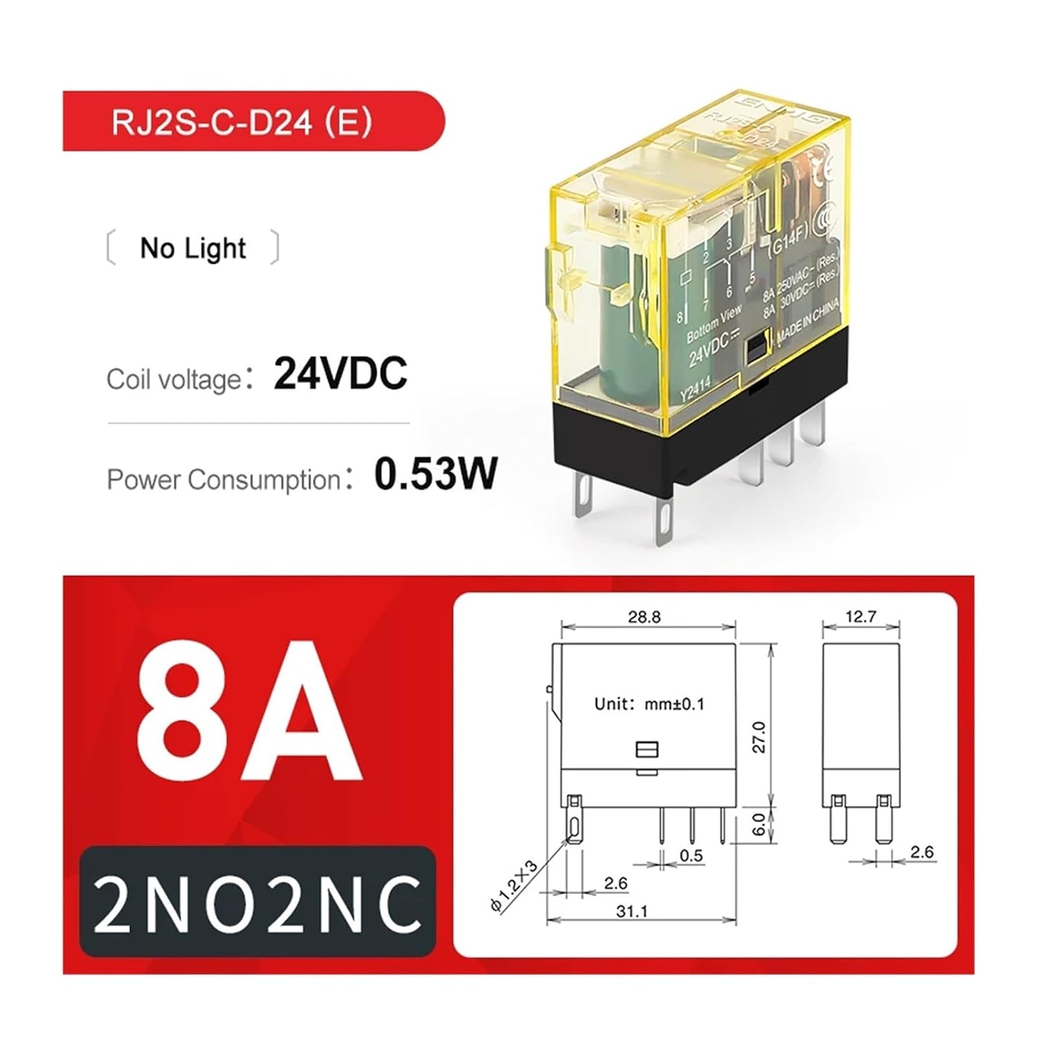 Relay RJ1S-CL RJ2S-CL 1N1O 2N2O 8A 12A 24VDC 220VAC LED Indicator Hi-Cap Contacts Electrical Industrial(RJ2S-C-D24(E))