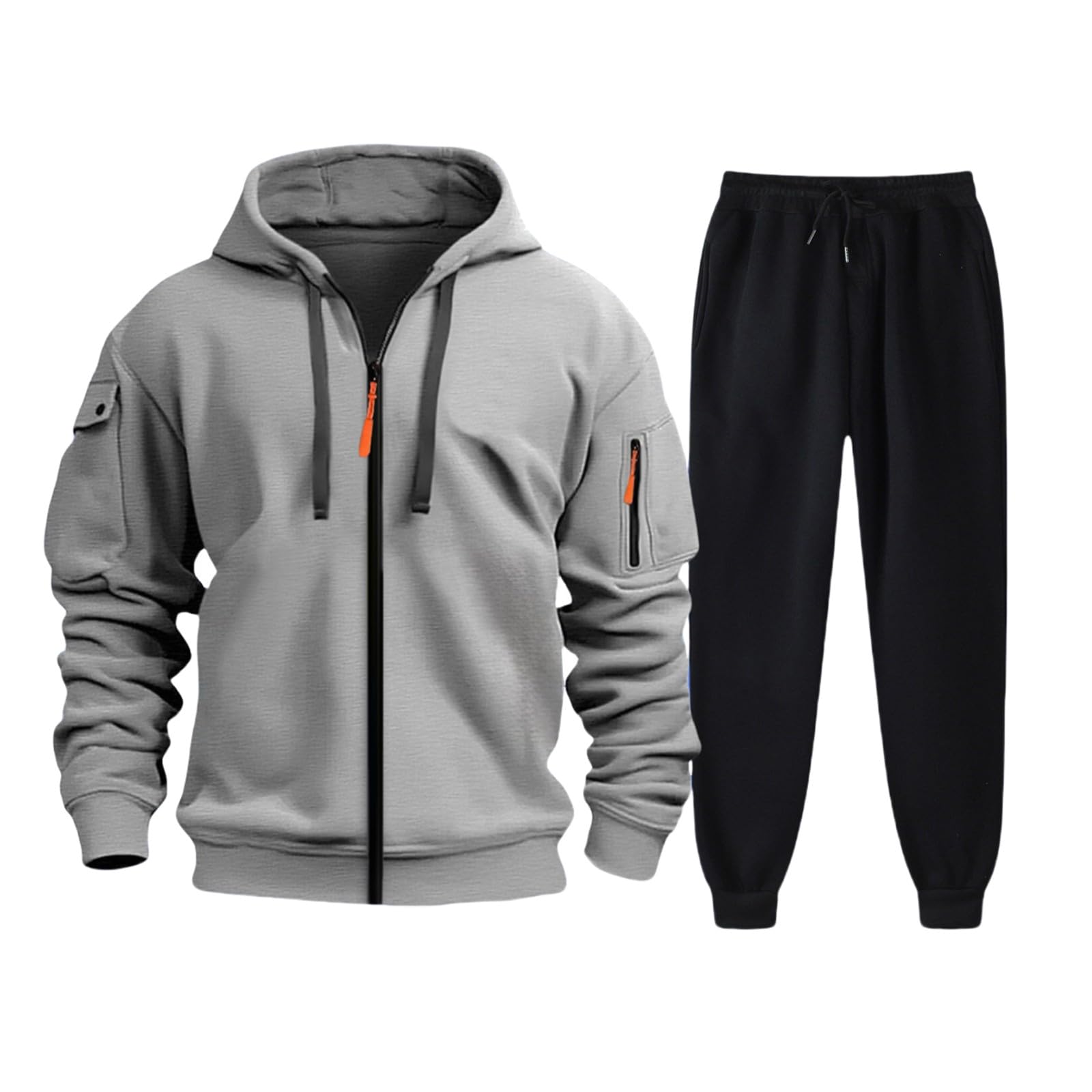 Uomo Caldo Set Tuta Giacca con Zip con Cappuccio Foderato In Pile | Tuta da uomo Set Fitness Giacca Felpa con Zip con Cappuccio Pantaloni Jogging Tasca Foderata in Pelliccia Tempo Libero