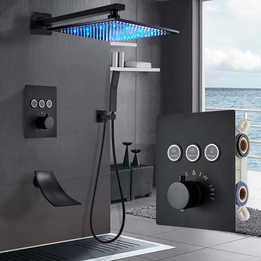 Yniyujkl Black Thermostatic Bathroom Shower Faucet Rainfall Shower Head Wall Mounted Bathtub Mixer Tap Bath Shower Set Wall-B3-Way-16-Inch Wall,A3-Way-16-Inch Wall