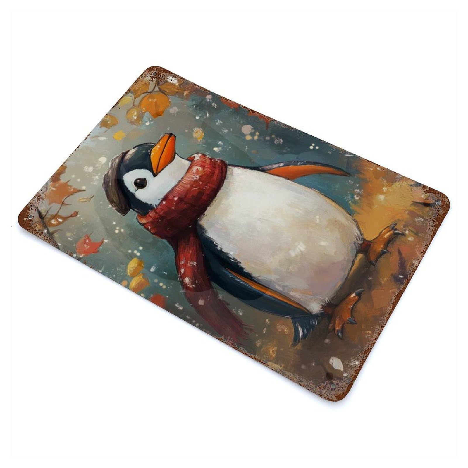 Cozy Penguin in Autumn Aged Metal Wall Plaque 11.8"x7.9", Decorative Metal Wall Art for Garage, Pub Or Kitchen