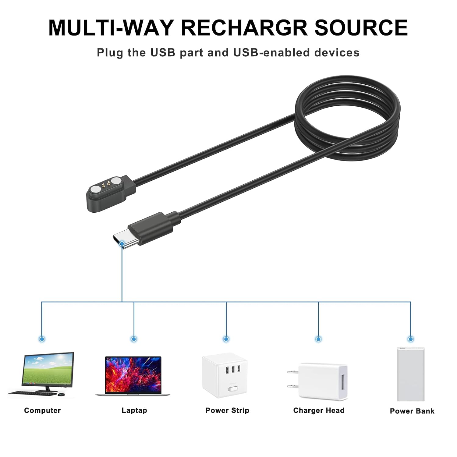 2 Pack VeryFit Smart Watch Charger, (USB C+USB A) Replacement Magnetic Charging Cable for Veryfit IDW28 IDW26 IDW25 IDW23 IDW21 IDW20 IDW19 IDW17 IDW16 IDW15 IDW13 IDW208 Plus Smart Watch-3.3ft/100cm