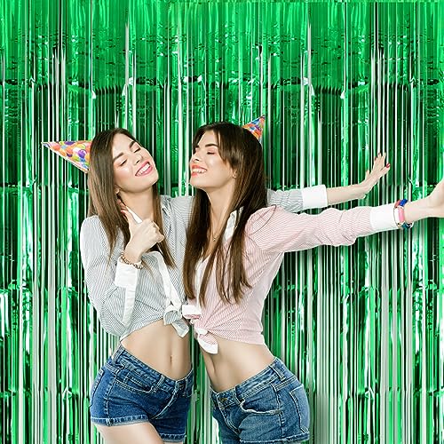 Image of Voircoloria 2 Pack Green Foil Fringe Backdrop Curtains, Tinsel Streamers Birthday Party Decorations, Fringe Backdrop for Graduation, Baby Shower, Gender Reveal, Disco Party