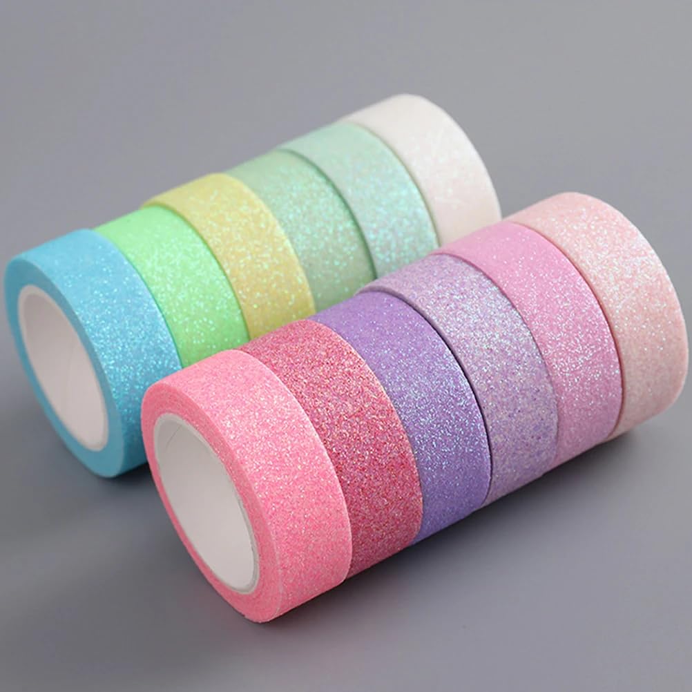 LOGOFUN 12 Rolls Glitter Washi Tape Set Colorful Masking Tape DIY Craft Art Scrapbook Tape (15mm)