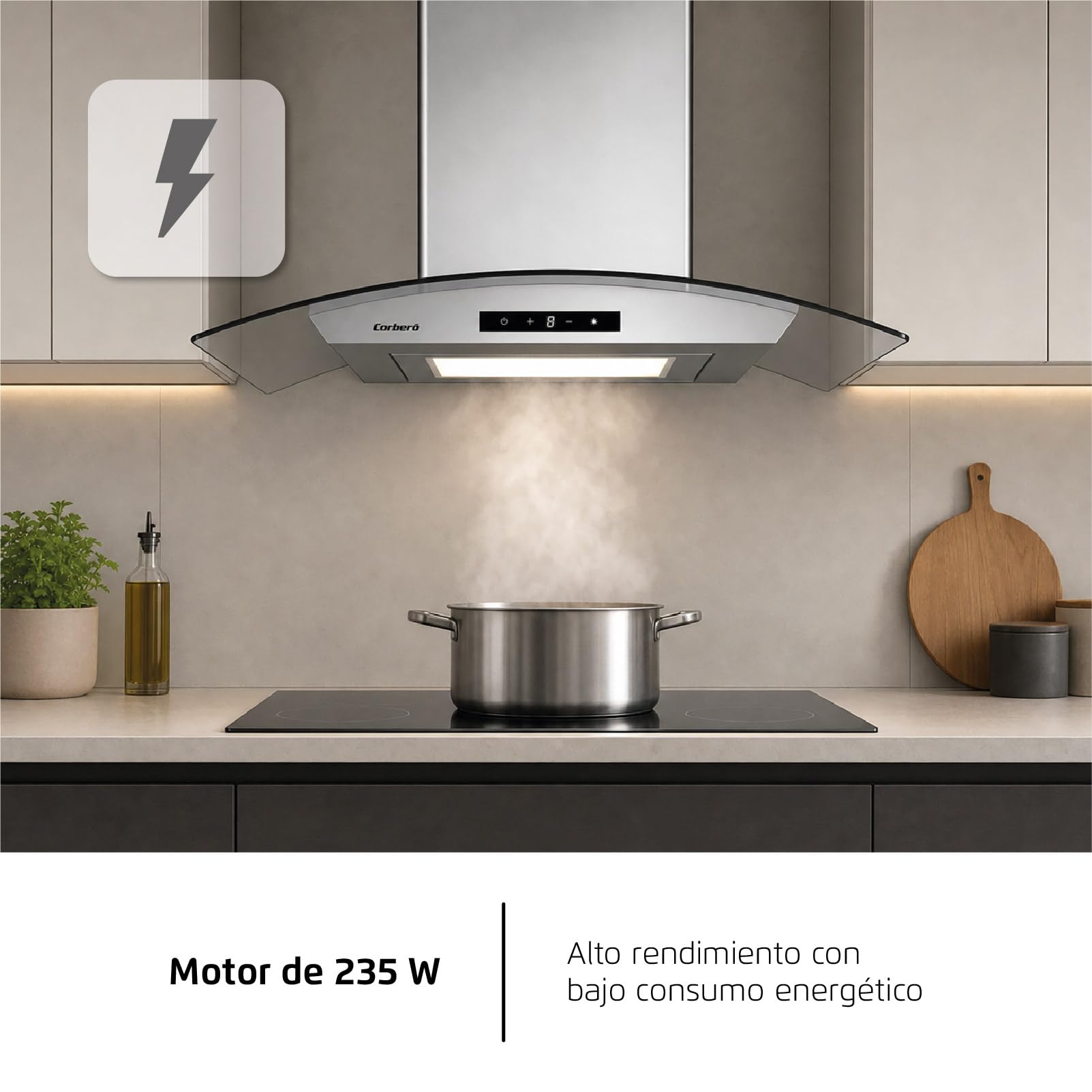 Corbero - Campana Extractora Horizontal 90cm | FUJI975XGLASS | 720.2 m3/h| 67db| 235W | 4 Velocidades | Control Touch| Panel LED| Filtro Aluminio + Filtro Carbón | Acero Inoxidable-Cristal
